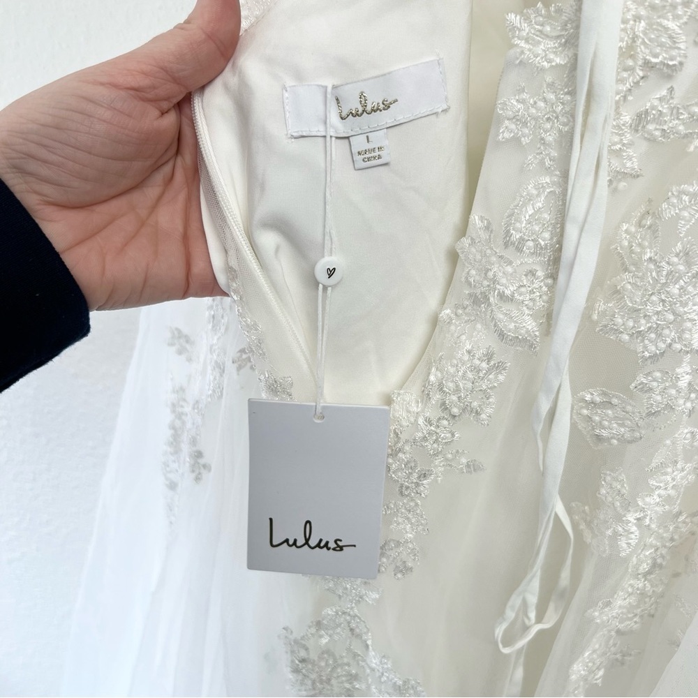 Lulus Luxury White Sheer Tulle Embroidered Beaded Bridal Gown Size Large NWT - Picture 12 of 17